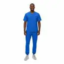 Wholesale men's blue v-neck scrub top and jogger pants set with chest pocket