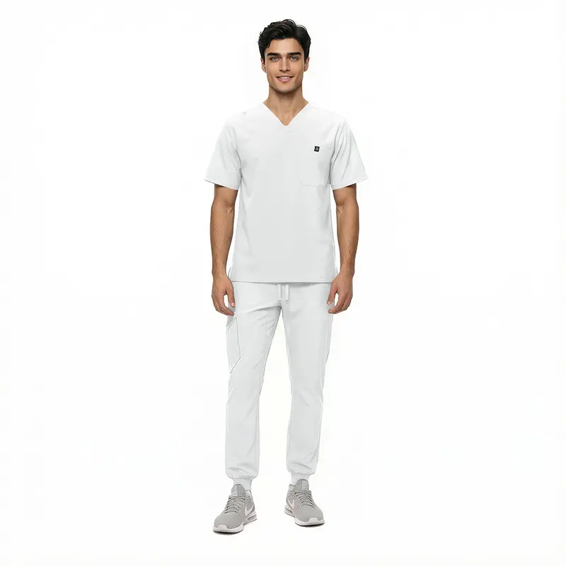 Wholesale men's white v-neck scrub top with chest pocket and matching white pants with cargo pocket