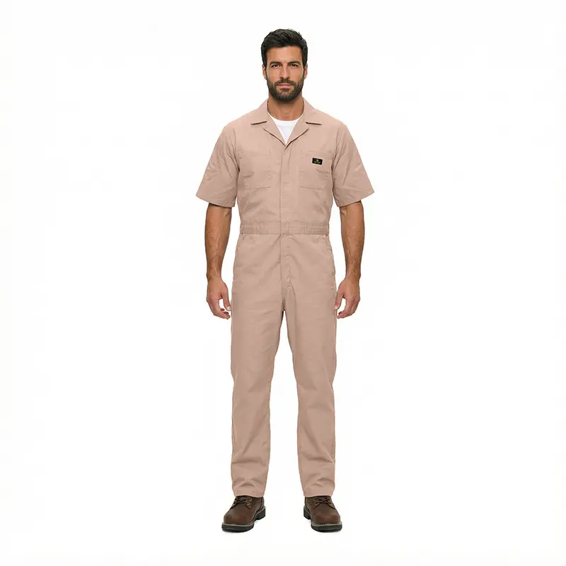 Wholesale men's tan short-sleeve coverall with chest pocket and front zipper closure