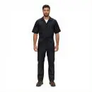 Wholesale men's black short-sleeve coveralls with chest pockets and button front closure