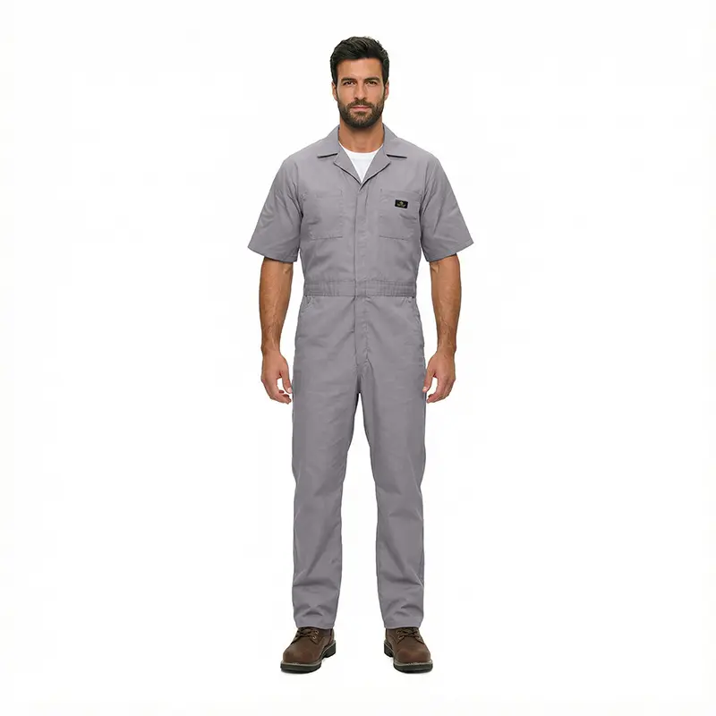 Wholesale men's gray short-sleeve coverall with chest pocket and front zipper closure