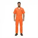 Wholesale men's orange short-sleeve work coveralls with chest pocket and button front closure