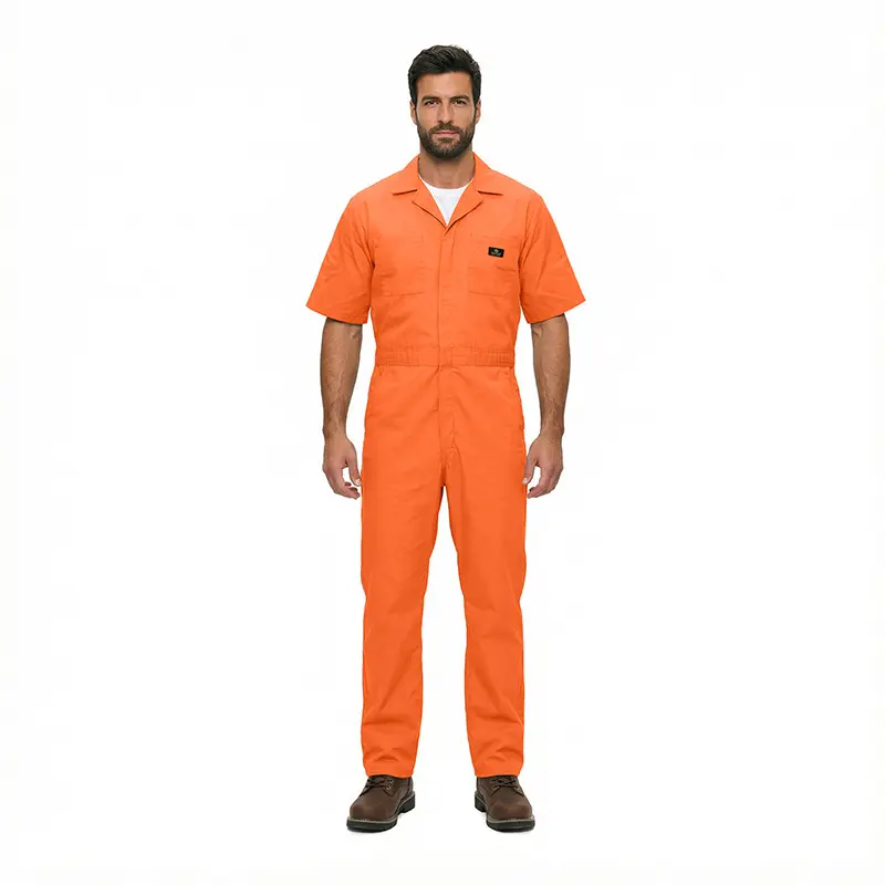 Wholesale men's orange short-sleeve work coveralls with chest pocket and button front closure