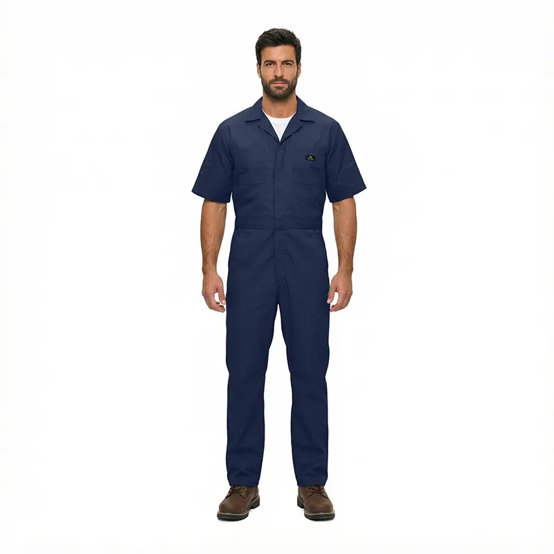 Wholesale men's navy short-sleeve coverall with chest pocket and brown work boots