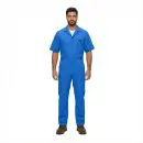 Wholesale men's blue short-sleeve work coverall with chest pocket and button front closure