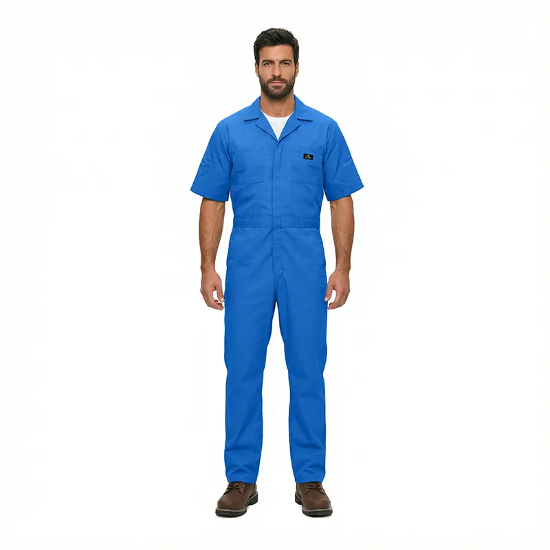 Wholesale men's blue short-sleeve work coverall with chest pocket and button front closure