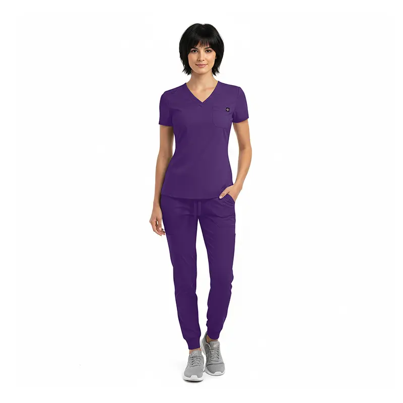 Wholesale women's purple v-neck scrub top and jogger pants set with short sleeves