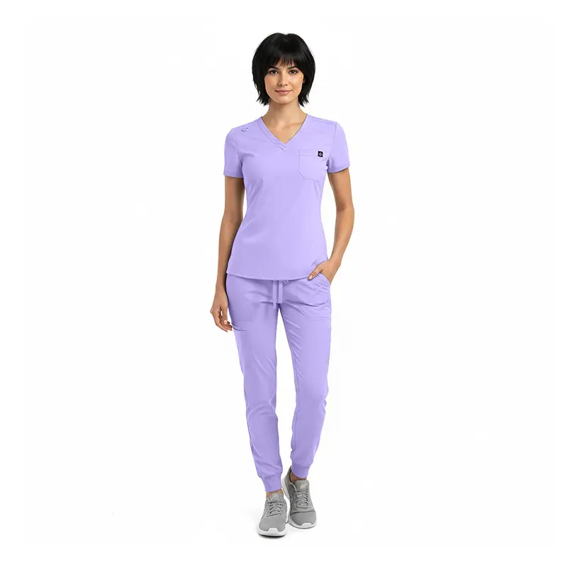 Wholesale women's lavender v-neck scrub top with short sleeves and matching jogger pants