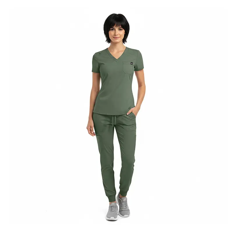 Wholesale women's olive green v-neck scrub top with short sleeves and matching jogger pants