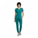 Wholesale women's teal scrub set with v-neck top and jogger pants with gray sneakers