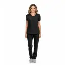 Wholesale women's black v-neck scrub top and pants set with short sleeves and front pockets