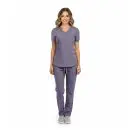 Wholesale women's purple scrubs set with short-sleeve v-neck top and drawstring pants