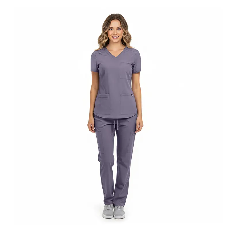 Wholesale women's purple scrubs set with short-sleeve v-neck top and drawstring pants