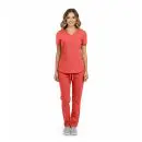 Wholesale women's coral scrub set with short-sleeve v-neck top and drawstring pants