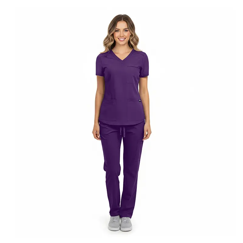 Wholesale women's purple v-neck scrub top and pants set with short sleeves and pockets
