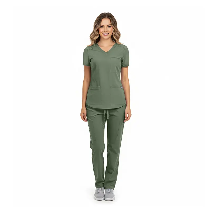 Wholesale women's sage green v-neck scrub top and pants set with pockets
