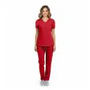 Wholesale women's red v-neck scrub top and pants set with short sleeves and drawstring waist