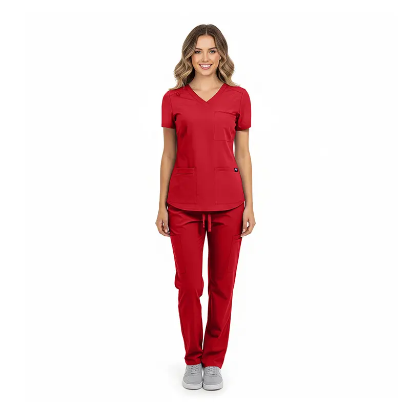 Wholesale women's red v-neck scrub top and pants set with short sleeves and drawstring waist