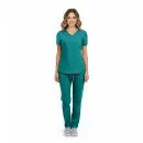 Wholesale women's teal scrub set with v-neck top and drawstring pants