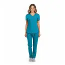 Wholesale women's teal v-neck scrub top and pants set with short sleeves