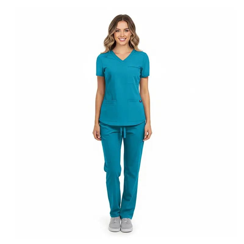 Wholesale women's teal v-neck scrub top and pants set with short sleeves
