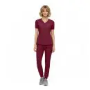 Wholesale women's burgundy v-neck scrub top and jogger pants set with gray sneakers