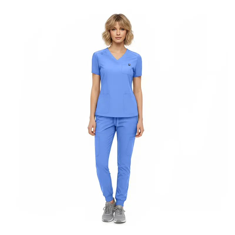Wholesale women's blue v-neck scrub top and jogger pants set with short sleeves and front pockets