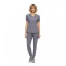 Wholesale women's gray v-neck scrub top with short sleeves and matching tapered scrub pants