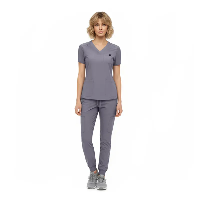 Wholesale women's gray v-neck scrub top with short sleeves and matching tapered scrub pants