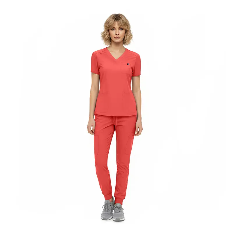 Wholesale women's coral v-neck scrub top and jogger pants set with short sleeves