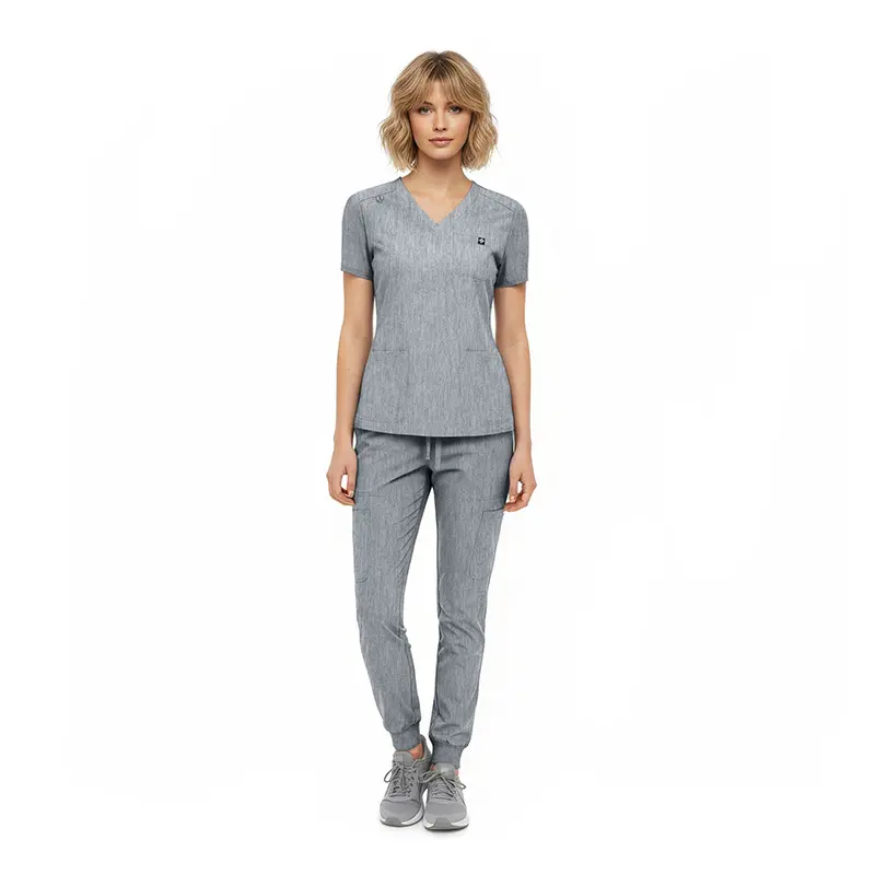 Wholesale women's gray v-neck short-sleeve t-shirt and matching jogger pants set