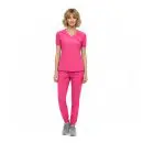 Wholesale women's hot pink scrub set with v-neck top and jogger pants with gray sneakers