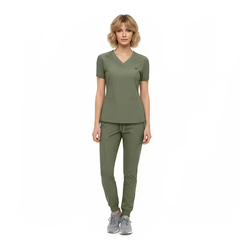 Wholesale women's sage green v-neck scrub top and jogger pants set with pockets