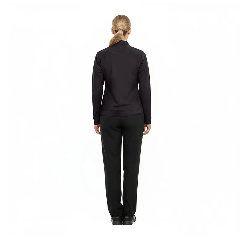 Wholesale women's black zip-up jacket and straight-leg pants athletic set, back view
