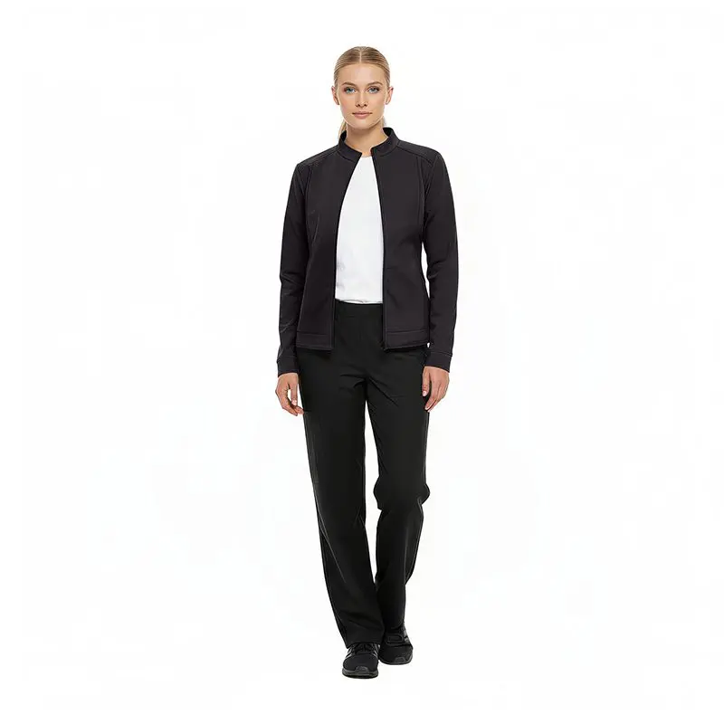 Wholesale women's black zip-up jacket with white undershirt and black pants