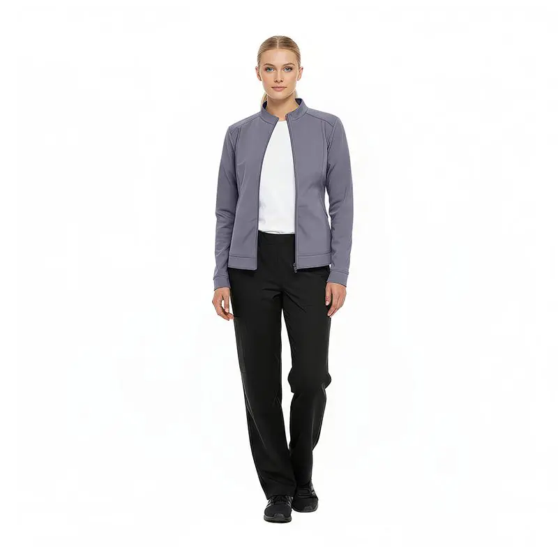 Wholesale women's gray zip-up jacket with white shirt and black pants