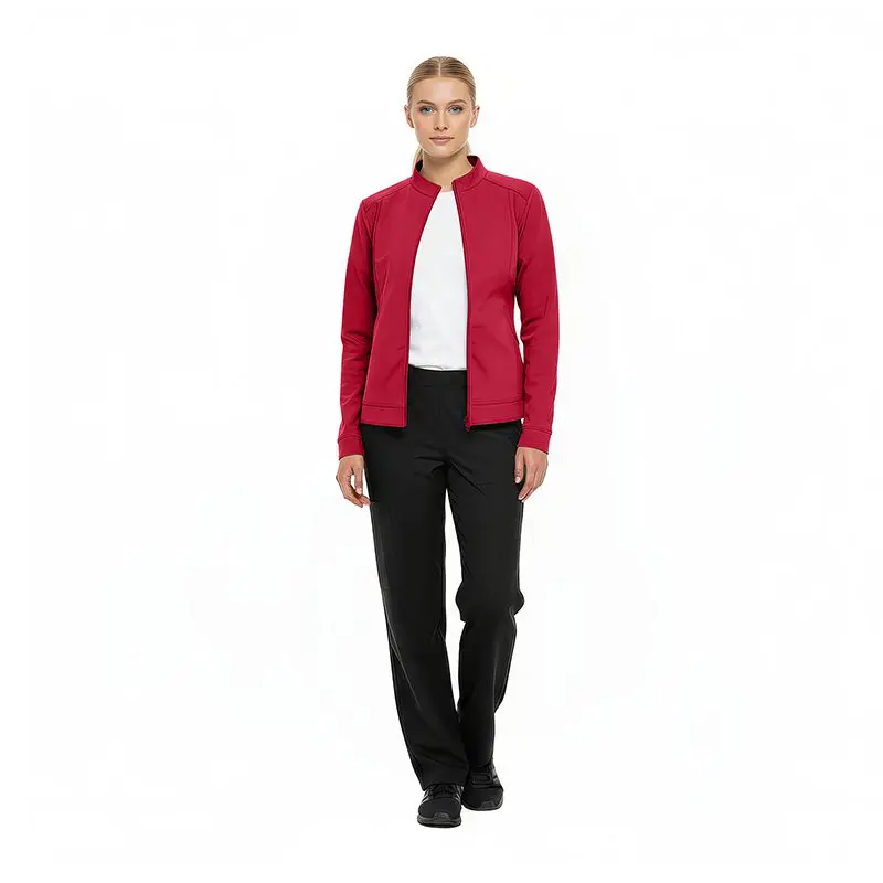 Wholesale women's red zip-up jacket with white undershirt and black pants