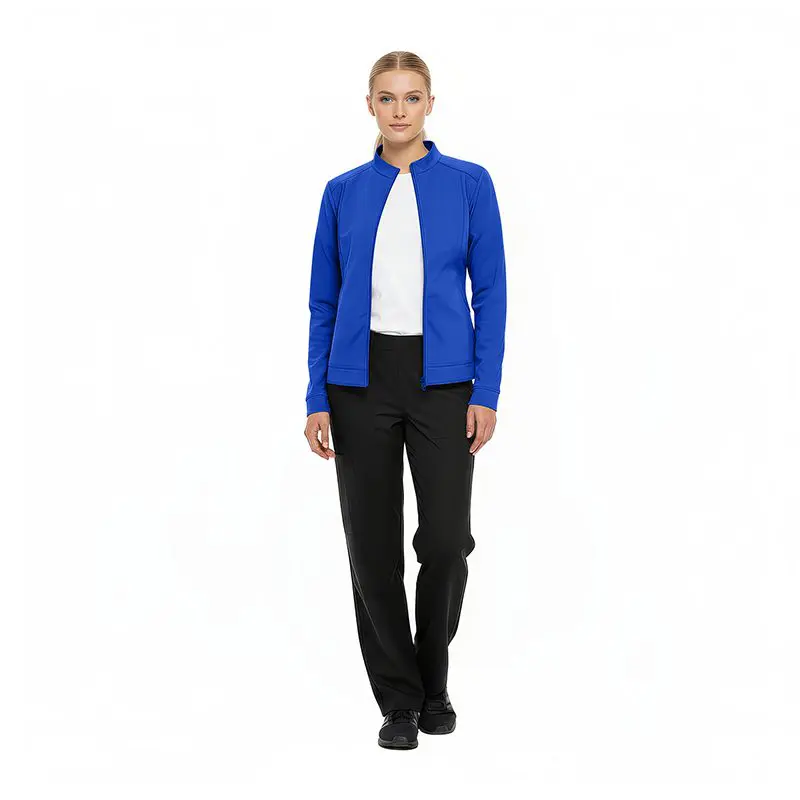 Wholesale women's blue zip-up jacket with white shirt and black pants