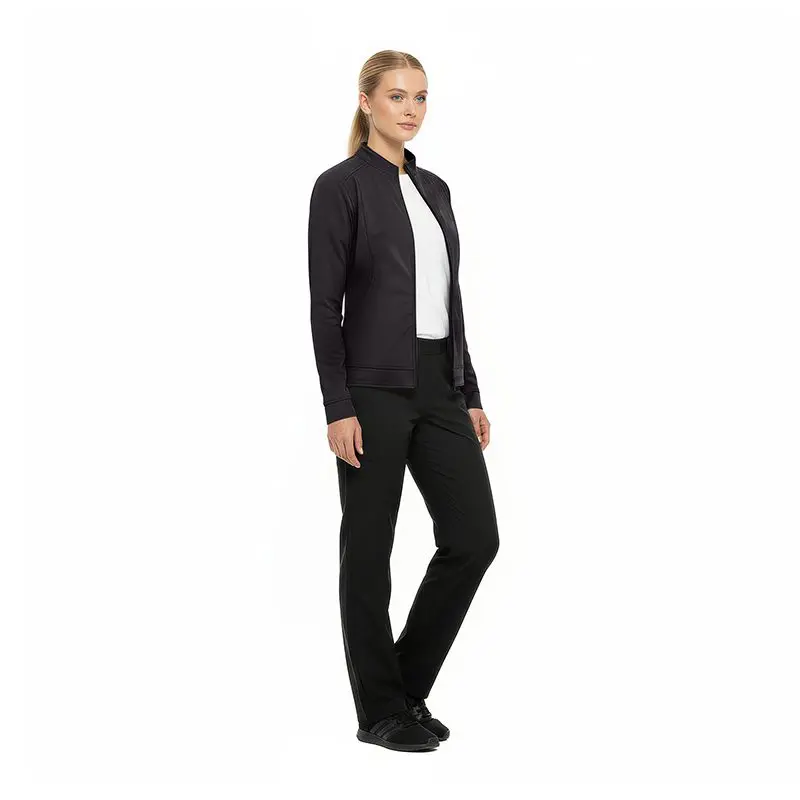 Wholesale women's black zip-up jacket with white shirt and black pants