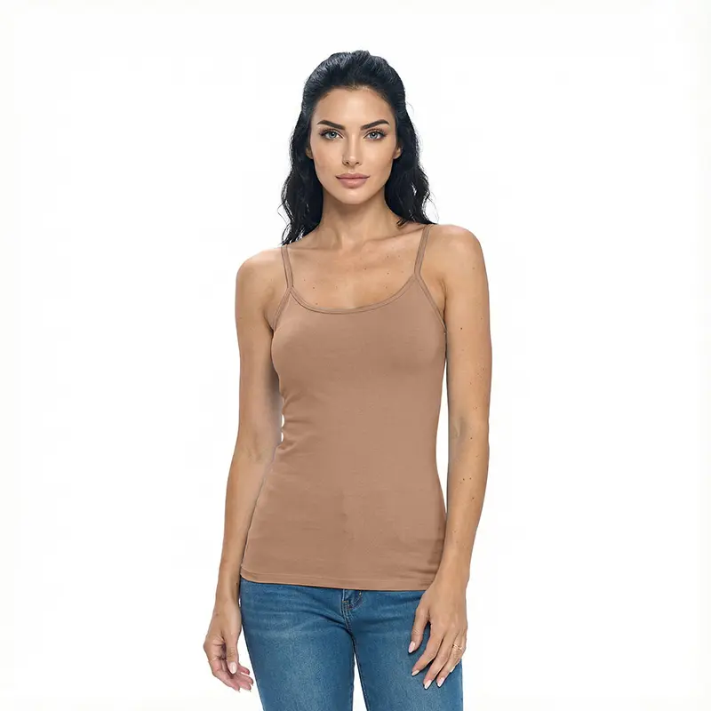 Wholesale women's beige camisole tank top with thin straps paired with blue jeans