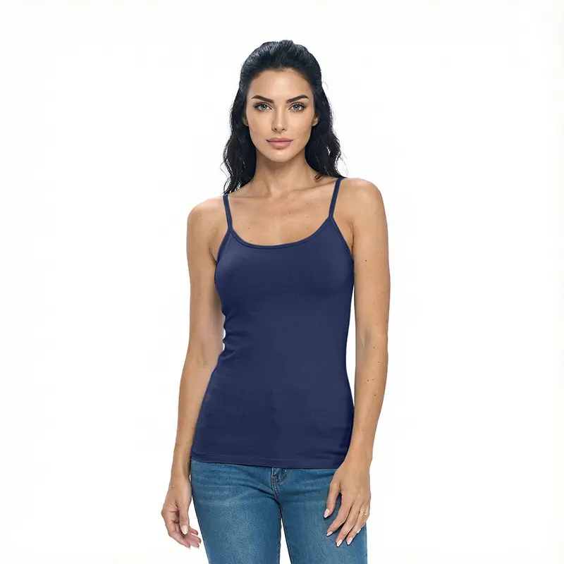 Wholesale women's navy camisole tank top with thin straps and fitted silhouette