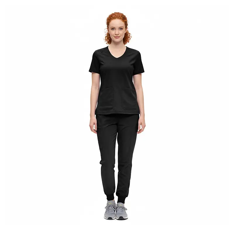 Wholesale women's black v-neck t-shirt and jogger pants set with short sleeves