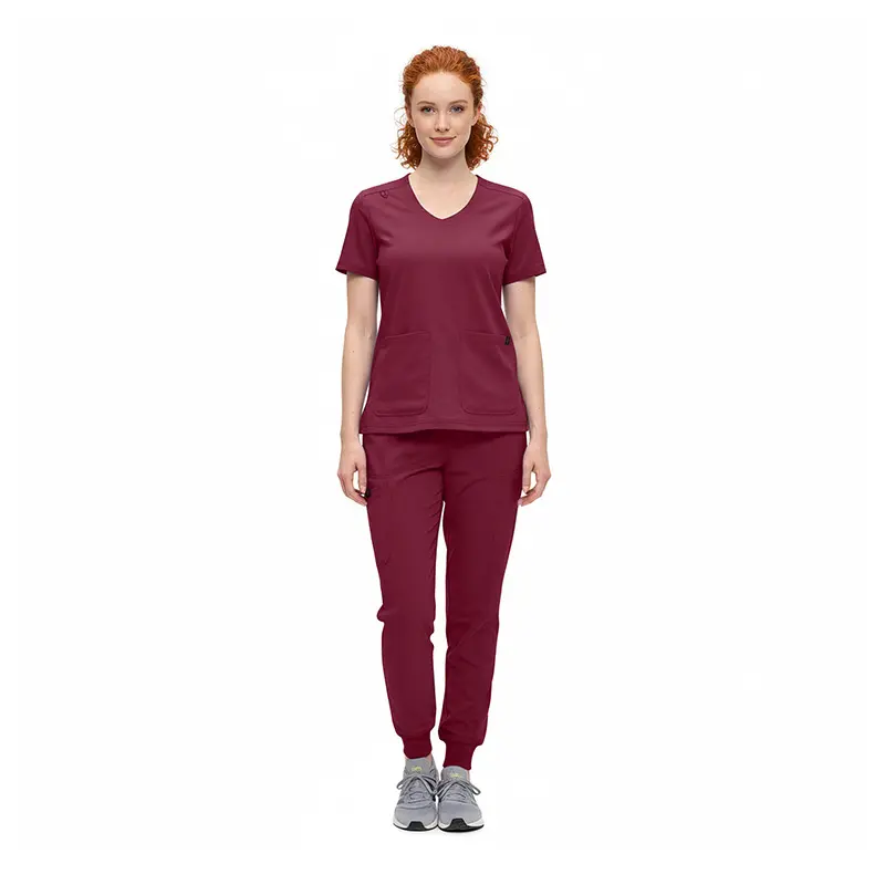 Wholesale women's burgundy v-neck scrub top and jogger pants set