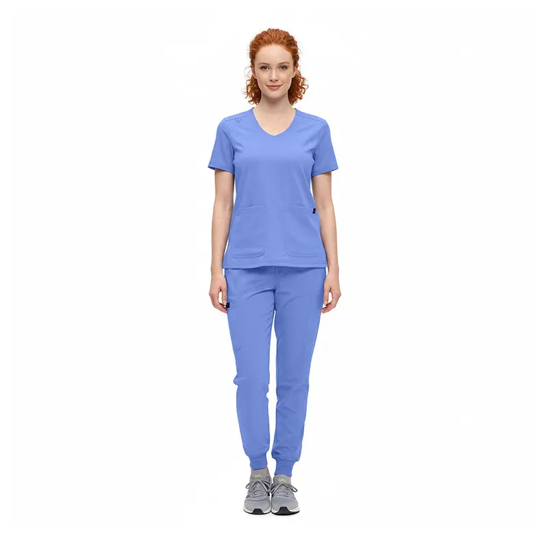 Wholesale women's blue scrub set with v-neck top and jogger pants