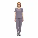 Wholesale women's gray v-neck scrub top with short sleeves and matching jogger pants