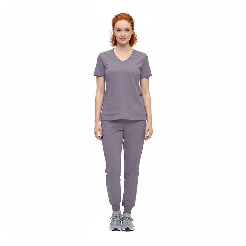 Wholesale women's gray v-neck scrub top with short sleeves and matching jogger pants