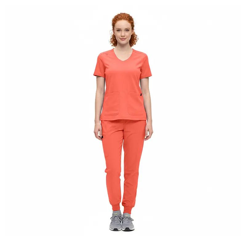 Wholesale women's coral v-neck scrub top and jogger pants set with pockets