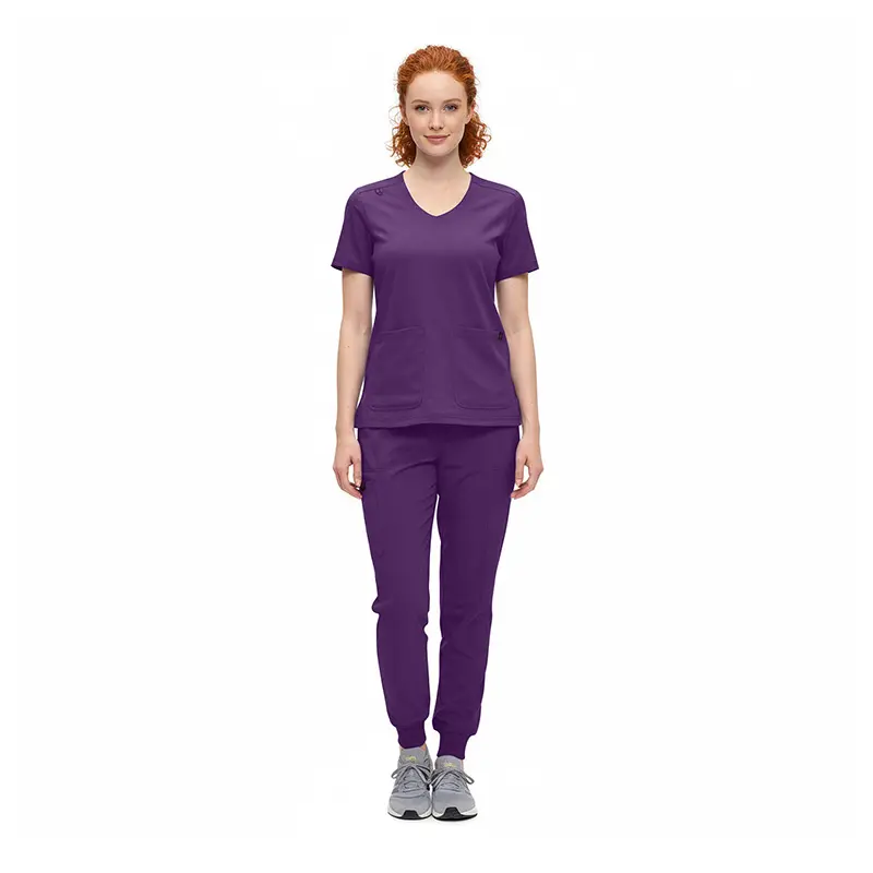Wholesale women's purple v-neck scrub top and jogger pants set with pockets