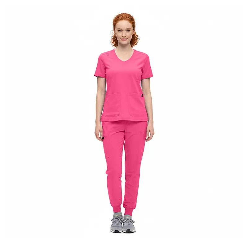 Wholesale women's pink v-neck scrub top and jogger pants set with pockets