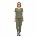 Wholesale women's olive green v-neck scrub top and jogger pants set with front pockets
